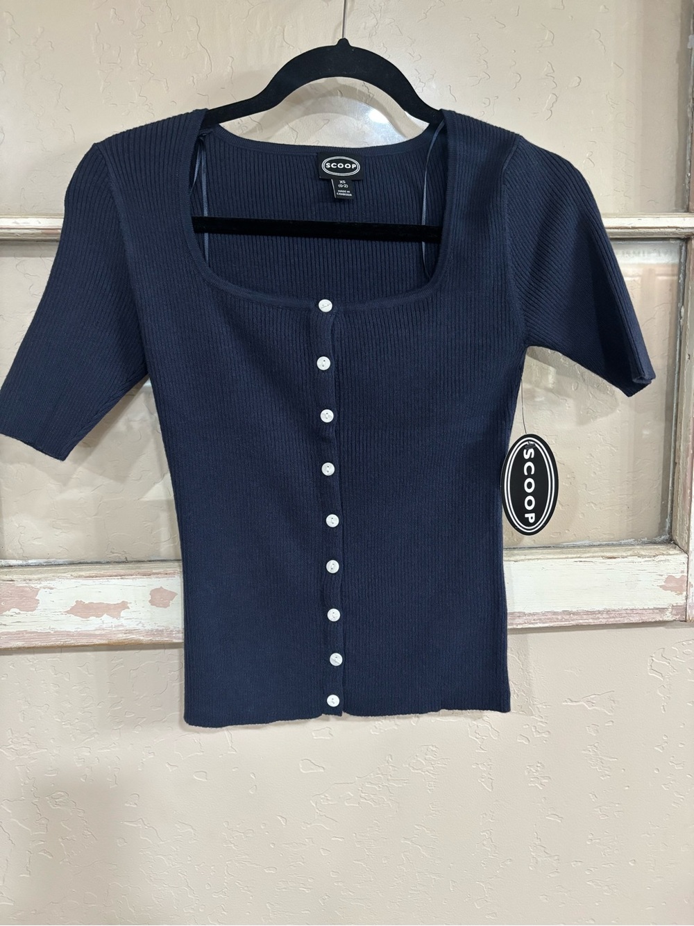Ribbed Navy Button-Front Crop Top